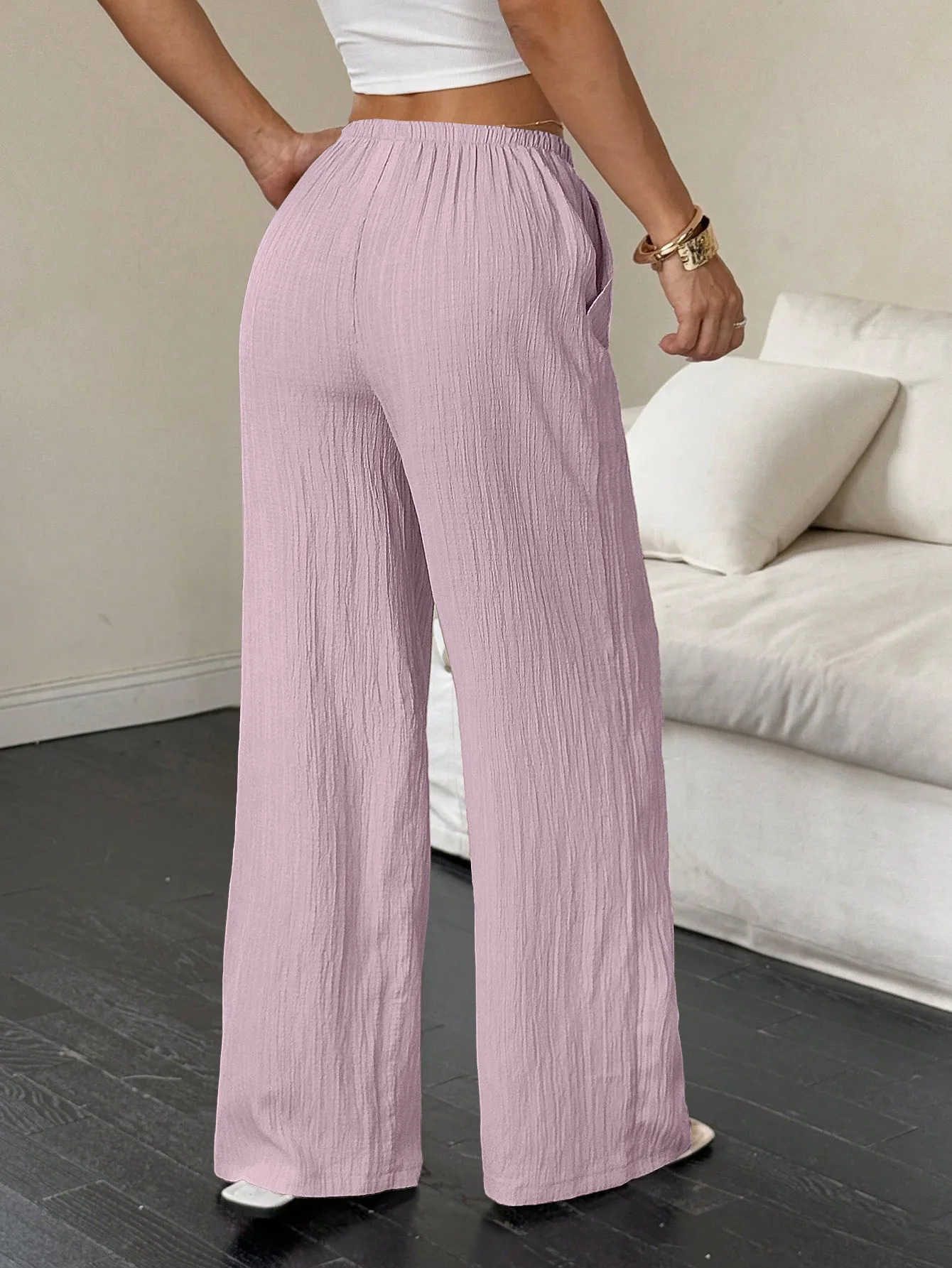 Damen Weite Hose aus Baumwoll-Leinen-Mischung, Casual, Bodenlang, Relaxed-Fit mit Kordelzug für Zuhause & Spaziergänge – Detail 5