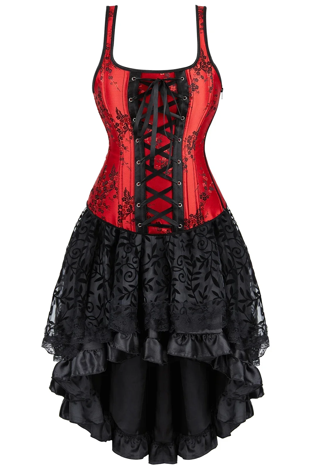 

Steampunk Corset Skirt Set Overbust Bustier with Lace Straps Zip Up Corsage Costume for Women Plus Size Burlesque Party Outfits