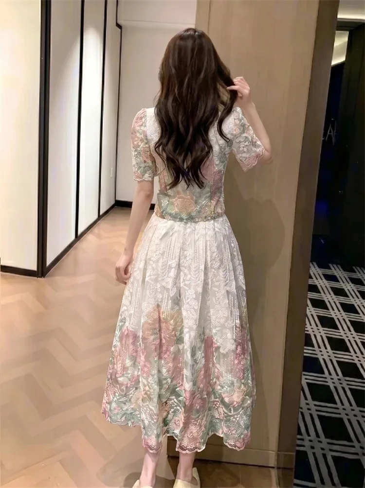 French Floral Lace Embroidery 2-piece Set For Women Short Sleeve Cropped Top High-waisted A-line Midi Skirt Elegant Vintage Suit