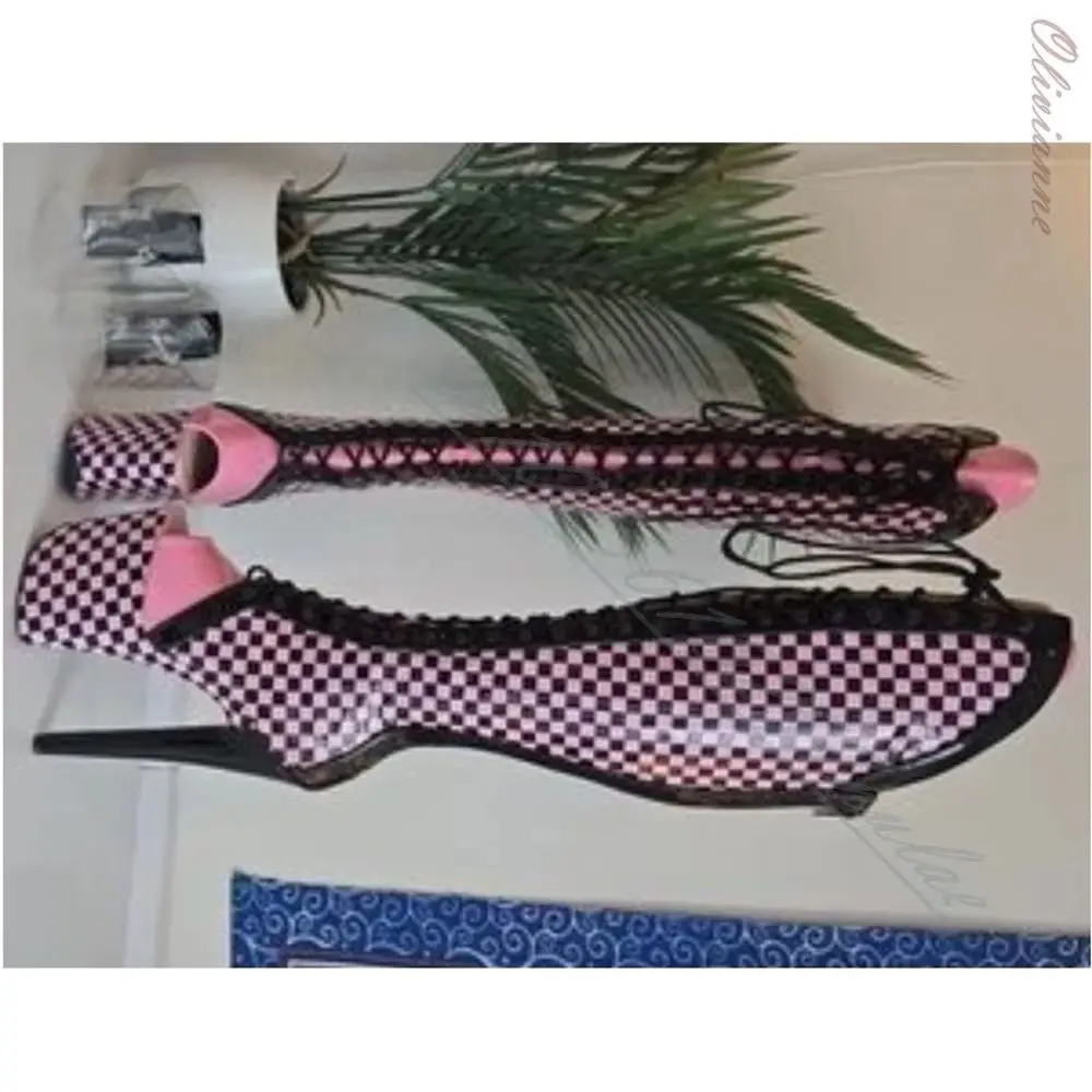 Women Pink Black Checkerboard Thigh High Boots Peep Toe Ultra Platform Stiletto Heel Side Lace Up Pole Dance Club Boots Stage