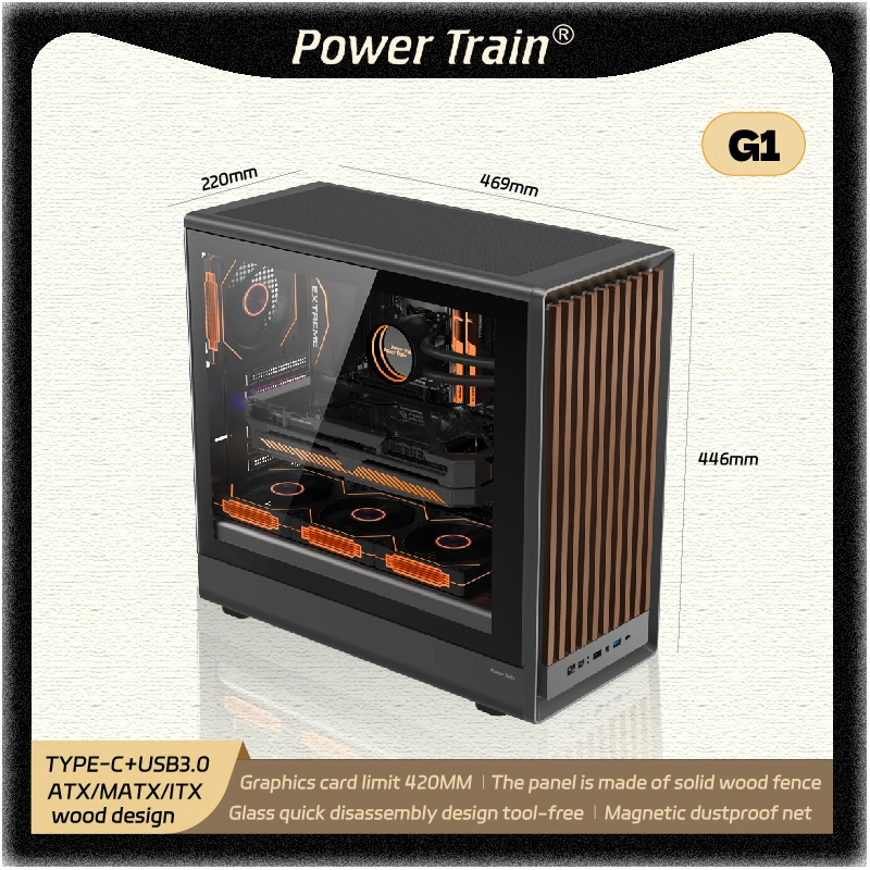 

Power Train Zhenjie G1 MATX PC case wooden strip panel Side Transparent support 240/360 water-cooled TYPE-C port computer case