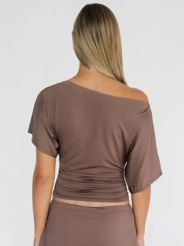 Blifanbo Oblique Shoulder Sexy T-shirt Tops For Women Short Sleeve Fashion Slim Fit Solid Pleated Summer Female T-shirt Tops image 5