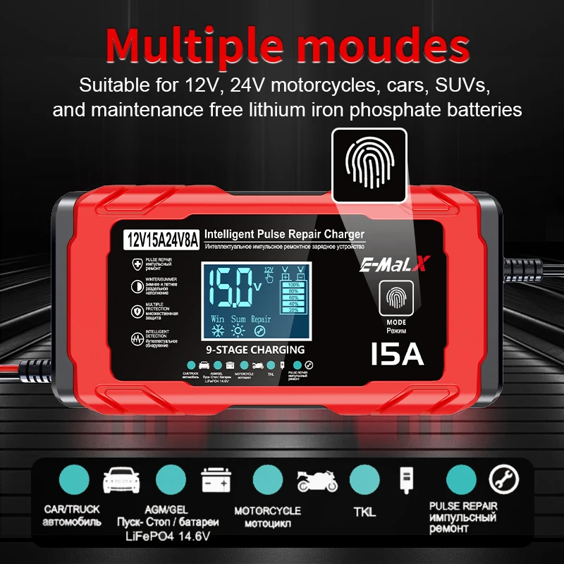 Car Battery Charger 12V 24V 15A 8A Smart Fast Charging For Car Truck Batteries Charge Pulse Repair for AGM GEL WET Lead Acid