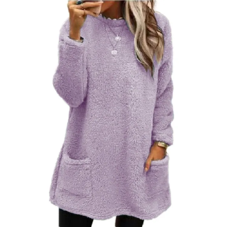 Long Sleeve Pocket Hoodie with Patchwork Elegant Commuting Women Sweatshirt Urban Loose Fit Round Neck Pullover Autumn Casual