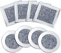 4 pieces of glass crystal round coaster, diamond mirror square coaster, silver luxury coaster, table top premium decoration