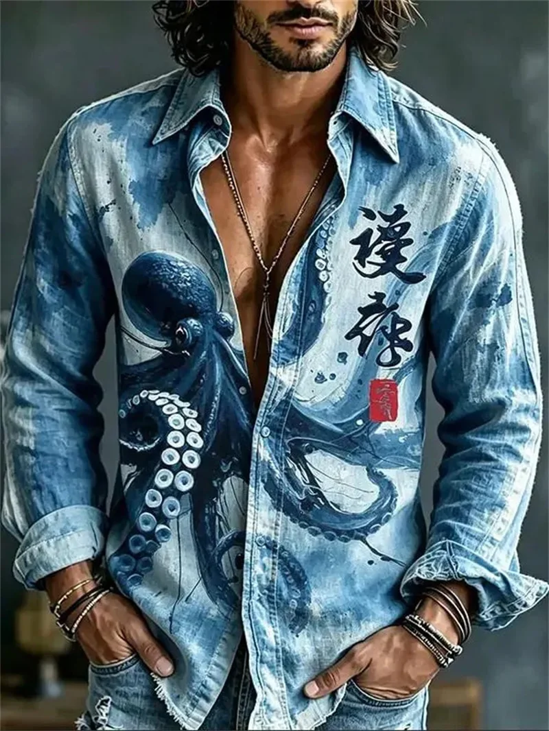 New Japanese Ink Blue Dyed Octopus Calligraphy Seal Denim 3D Printed Men's Lapel Long Sleeved Shirt Clothing