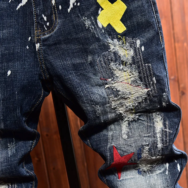 High End Light Luxury Blue Jeans For Men Autumn And Winter Elastic Slim Fit Straight Tube Embroidery Hole Patch For Men'S Denim