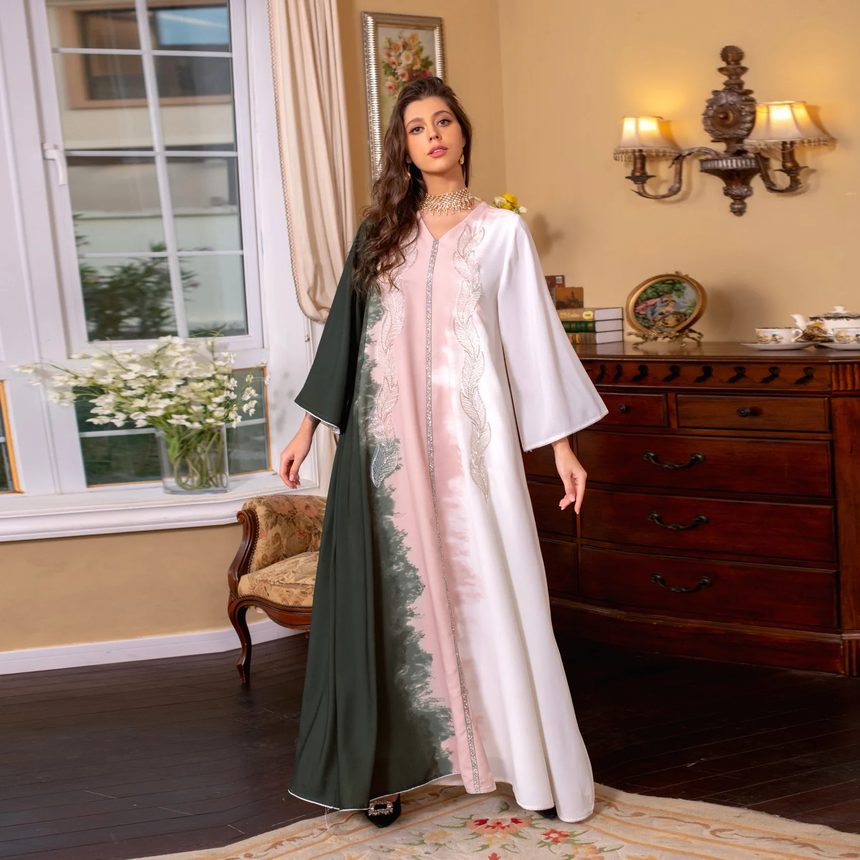 Middle East Ramadan Nail Bead Embroidery Dress Muslim Fashion Arabic Dress Dubai Saudi Tie Dye Hot Diamond Robe Luxury Comfortab