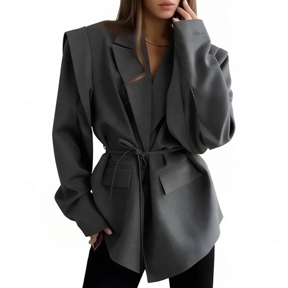 Chic Business Women Blazer 2025 Spring Autumn Slimming Waist Belted Jacket Shoulder Pad Detail Elegant Commuter Outerwear