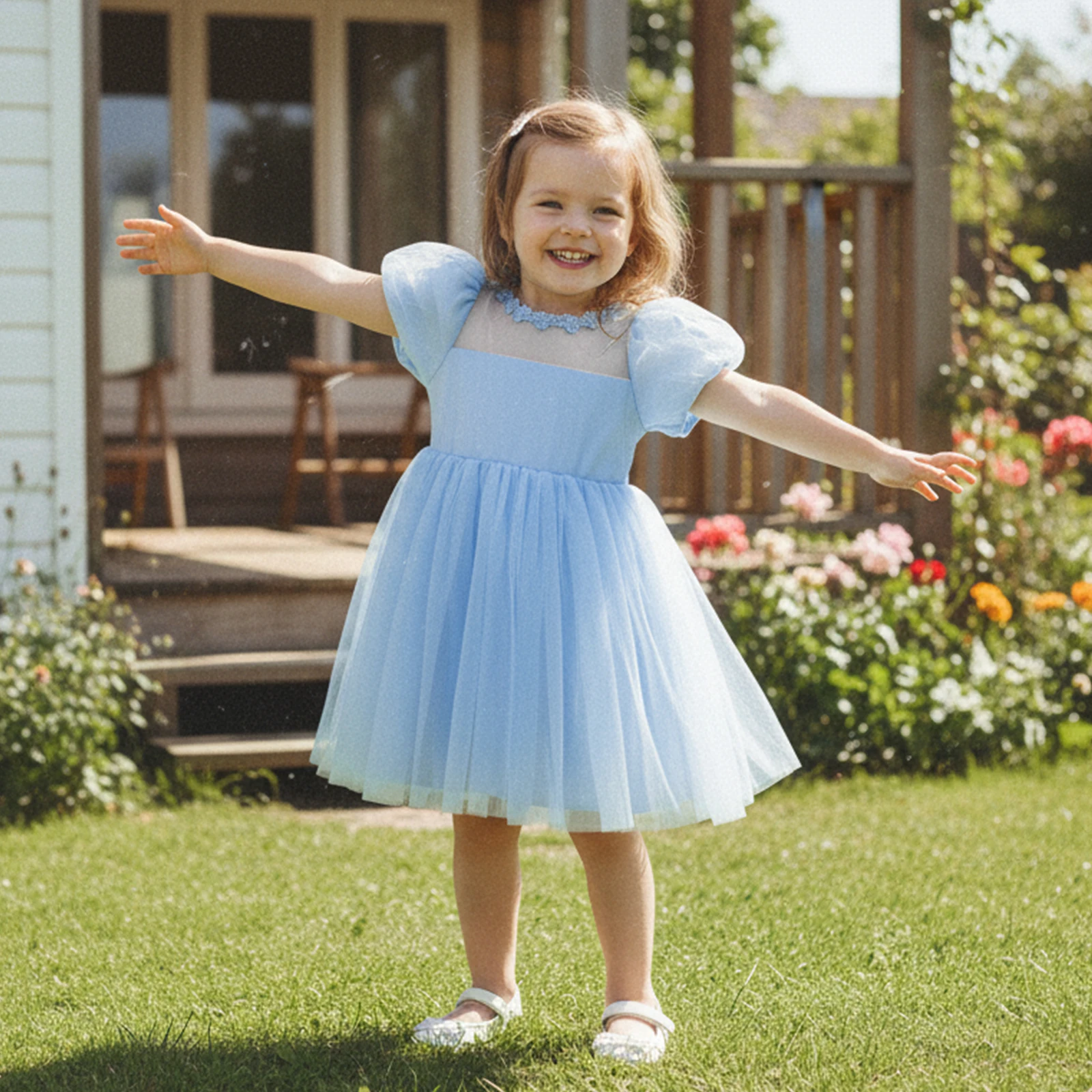 4-7Y Summer Kids Girl’s Solid Color Princess Party Dress Puff Sleeve Tulle Lace A-line Dress for Party Stage Show