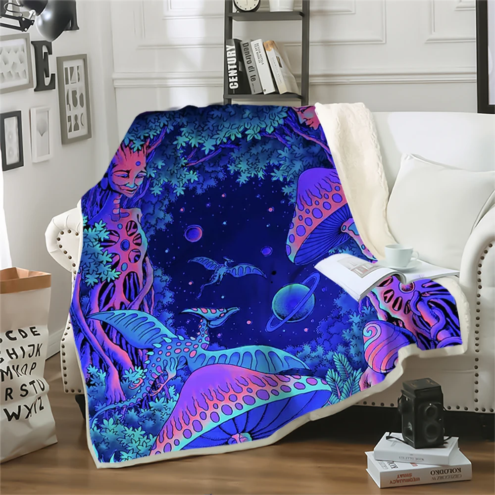 

HX Winter Blankets Fantasy Tree Man Mushroom Pterosaur 3D Printed Throw Blanket for Beds Double Layer Plush Quilts 5 Size