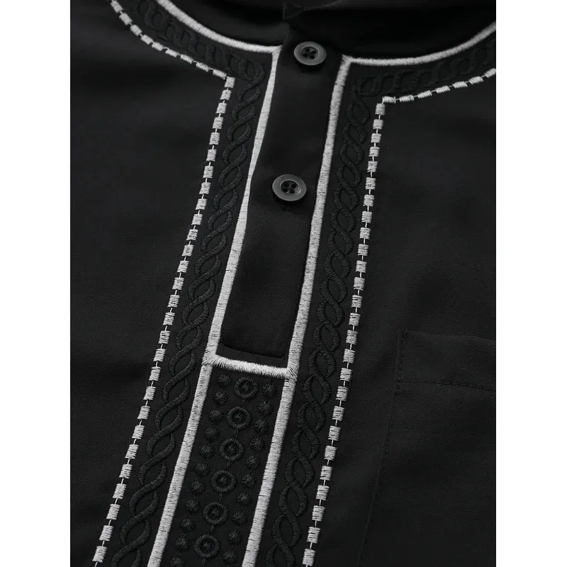 Eid Ramadan Muslim Men'S Hooded Thobe Long Robe Embroidered Islamic Black Casual Gown Open Front Design For Comfortable Wear