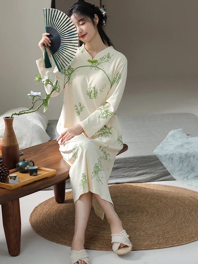 純綿長袖プリント寝間着-レディースロンパーススーツ-vネックボタン装飾ミドル丈ワンピーススリープドレス