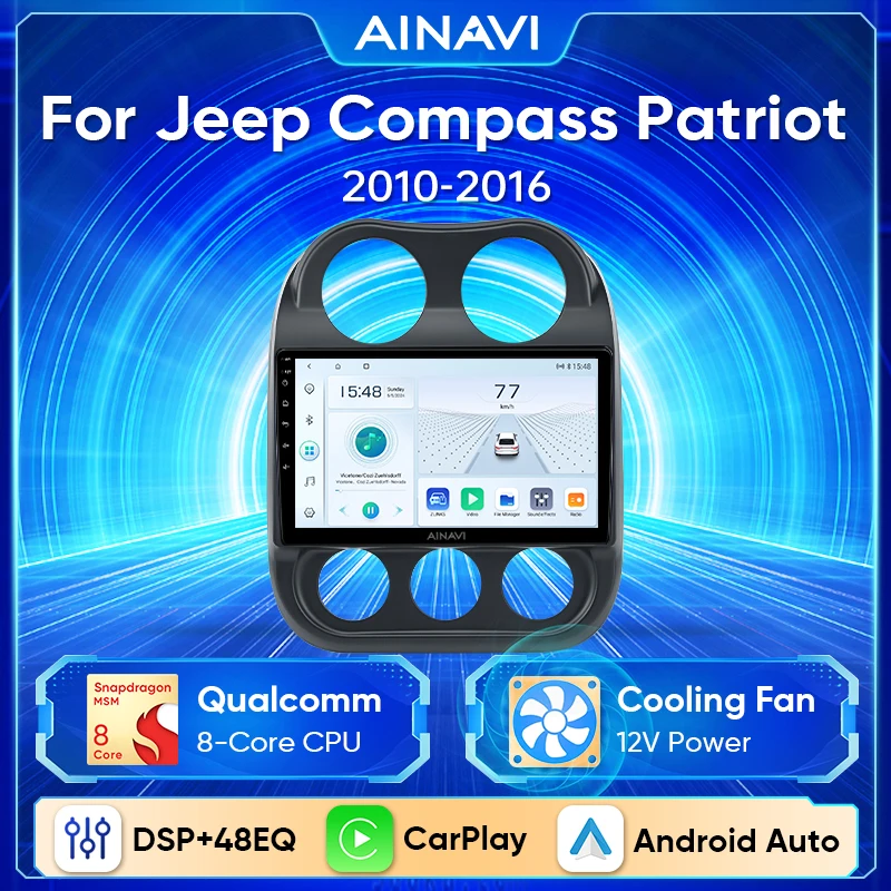 Ainavi Android13ติดรถสำหรับรถจี๊ปเข็มทิศรักชาติ2010-2016เครื่องเล่นมัลติมีเดีย GPS นำทางรถยนต์สเตอริโอ4G BT ไม่มี2DIN