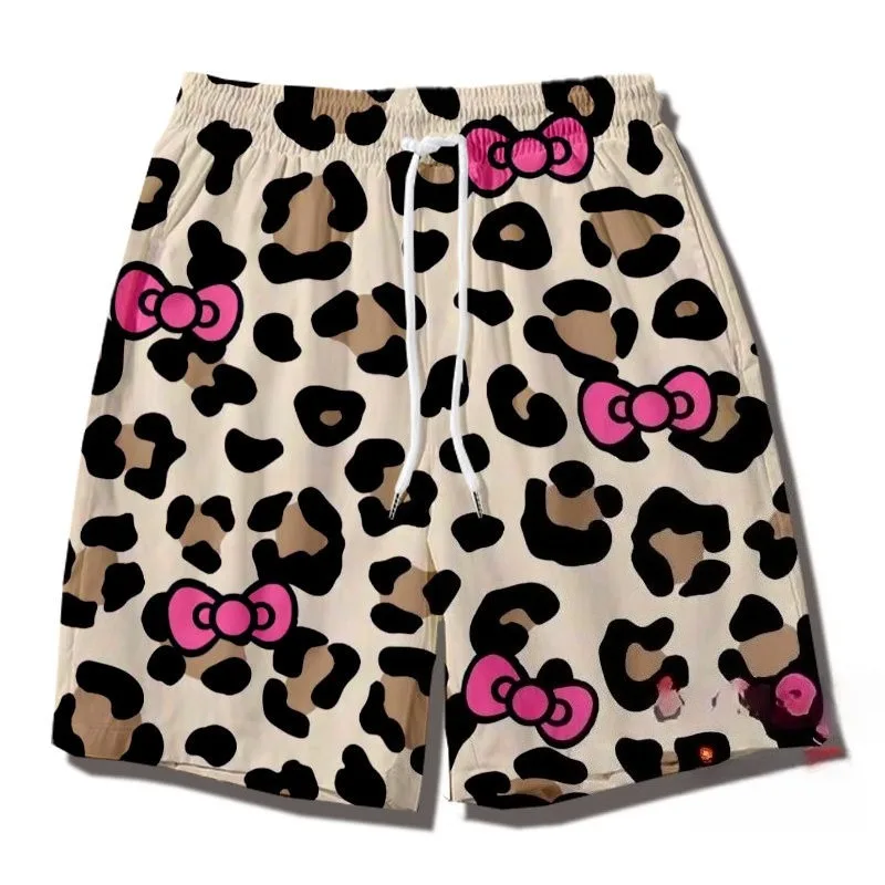 Miniso Sanrio verano mujeres dibujos animados transpirable de secado rápido Hello Kitty leopardo 3D impreso pantalones cortos Y2K moda Casual pantalones deportivos