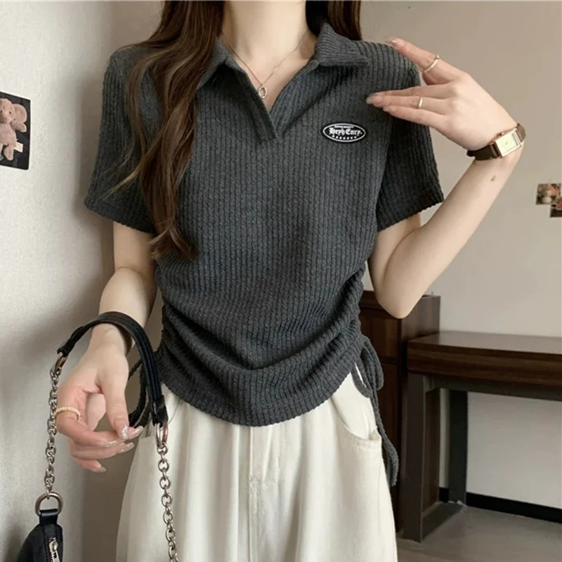 New Women Sweet Spicy Style Short Sleeved T-shirts Lady Korean Slim Fit Tie Up Tops Female Leisure Turndown Collar Crop Clothes