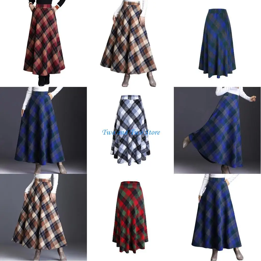 HX6F Nữ Lưới Váy Ấm Đàn Hồi Len Chữ A Xếp Ly Tartan Mùa Đông Váy Dài