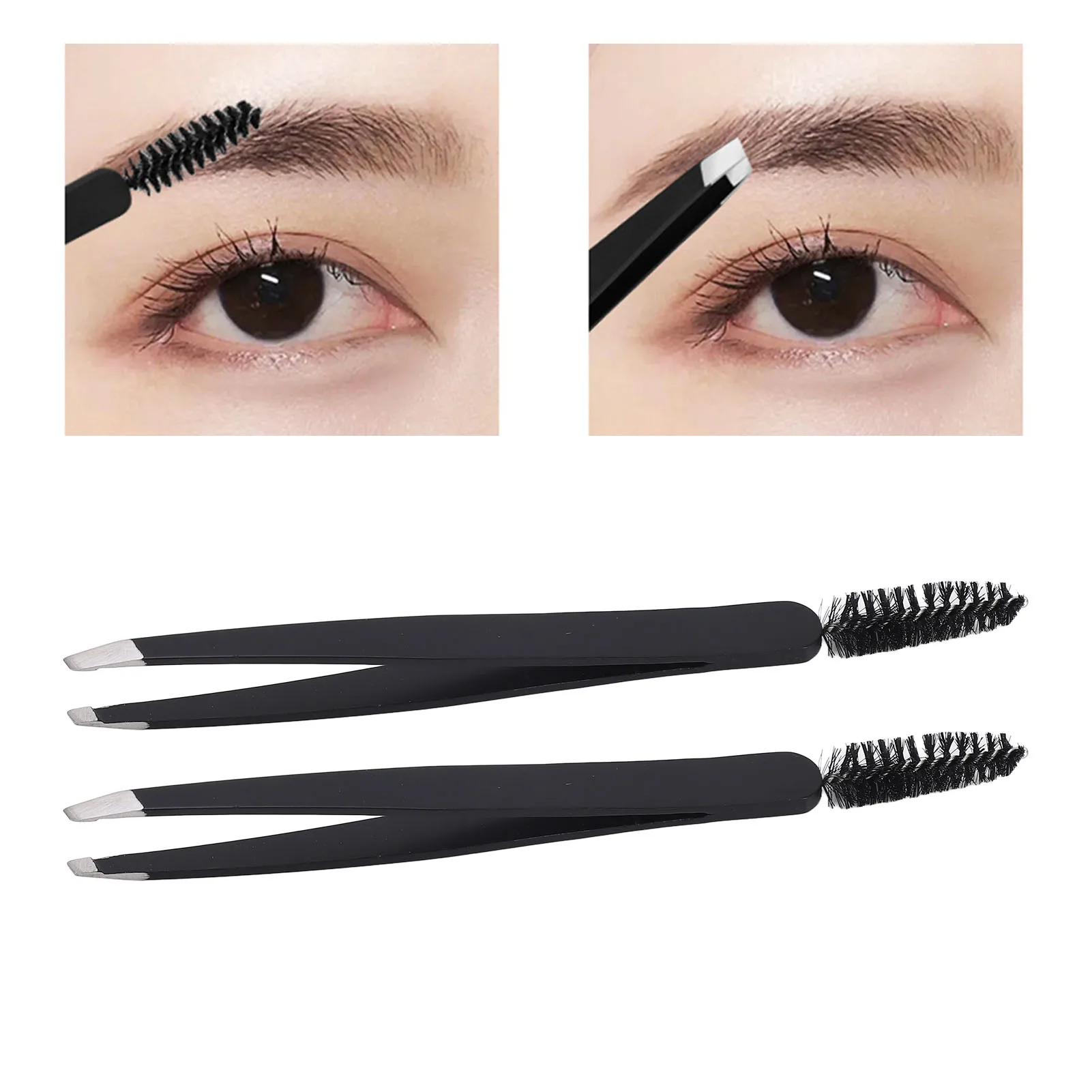 EyeblogugBrush-Pince à épiler ergonomique en acier inoxydable, pince à épiler noire, greffe de cils, maquillage, 2 pièces