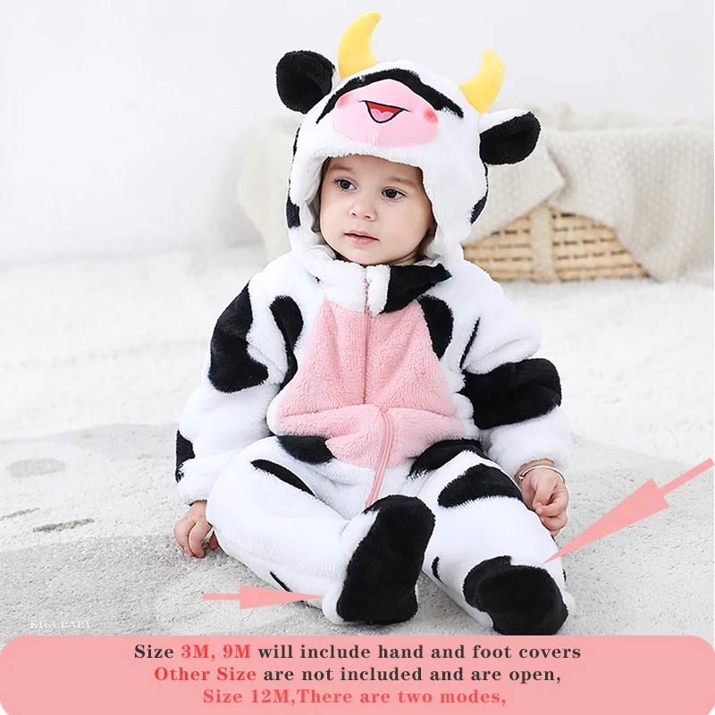 Kawaii Cow Baby Boys Girls Clothes Romper Hooded Jumpsuits Bodysuit Winter Flannel Warm Cosplay Costume Toddler Infant Ropa Bebe