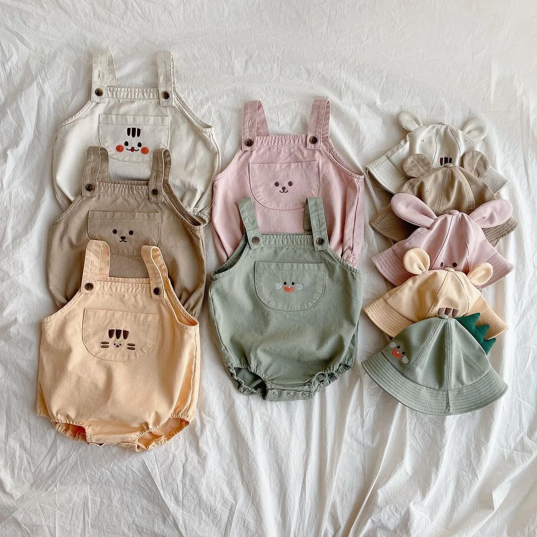 Newborn Baby Boy Cute Cartoon Squirrel Overalls Fashion Soft Infant Girl Bear Cotton Sleeveless Bodysuit Lace-up Bucket Hat