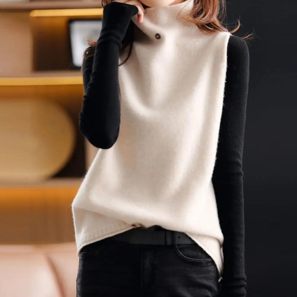سترة سترة زر الديكور بلون فضفاض دافئ تنفس Coldproof مريح بلا أكمام الياقة المدورة البلوز سترة ل أ