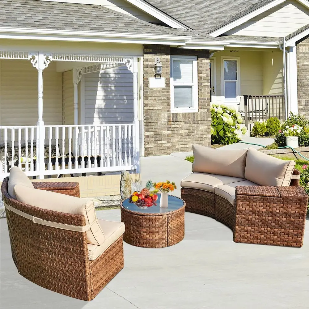 

7-Piece Half-Moon Wicker Outdoor Sofa Set with Storage Table, Ideal for Patio, Pool, Backyard, Balcony, Garden (Brown & Beige)