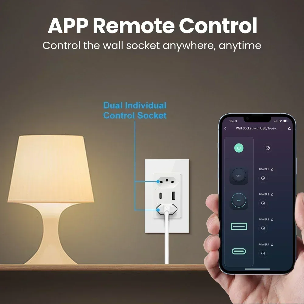 TNCE Tuya Brazil Wall Socket Switch, wifi Outlet Plug with USB Type-C, Remote Control Smart Life APP, Voice Alexa Google Home