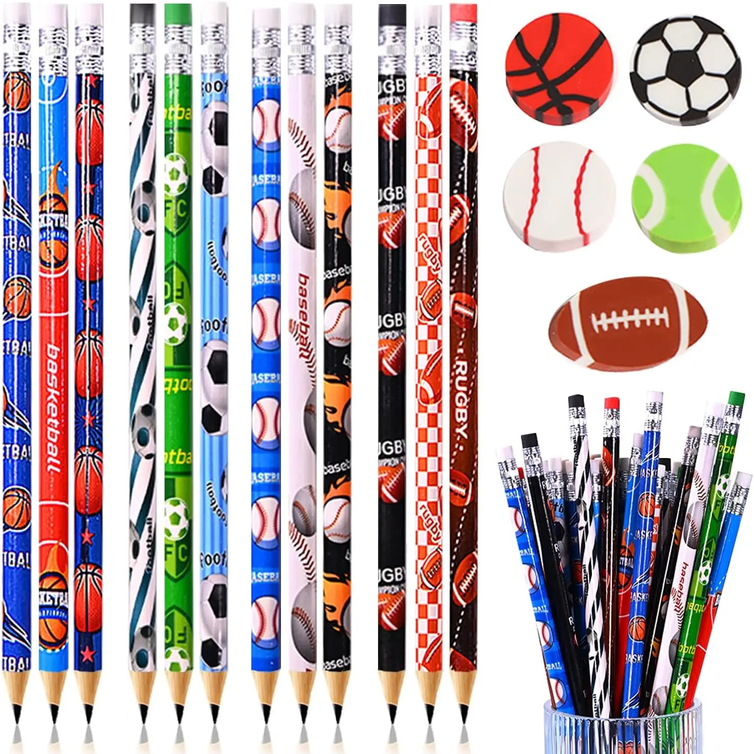 

63 Sports Pencils with Ball Erasers, 48 Cute Wooden HB Drawing Pencils & 15 Erasers for School Party Office Supplies