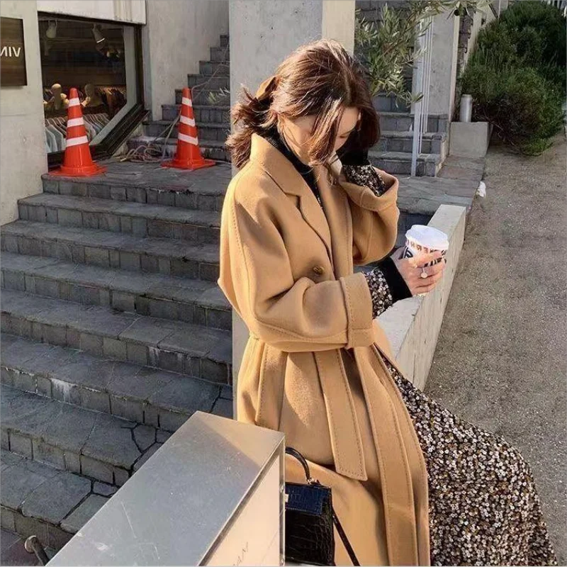 2024 Double-sided woolen cloth coat women's mid-length over-the-knee loose plus size lace-up woolen coat