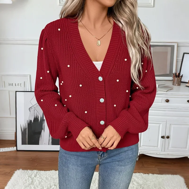 Chic Christmas Sweater Autumn Knitted Cardigan Outwear V-neck Sweet Pearl Embellished Red Sweater Jacket Women Y2K