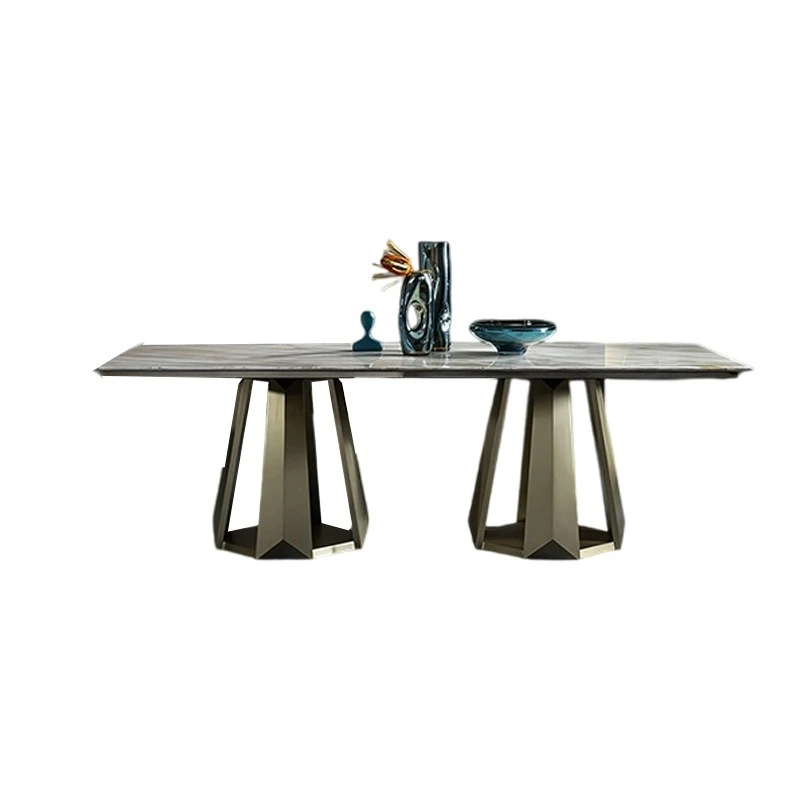 

Rock slab dining table light luxury high-end restaurant hotel long table stainless steel luxury furniture