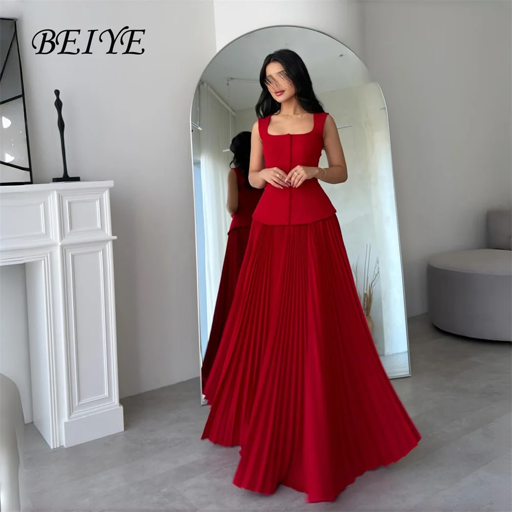 

Вечернее платье BEIYE Modern Red A-Line 2026 с плиссировкой, квадратным вырезом, на тонких бретельках, без рукавов, для вечеринок, на заказ