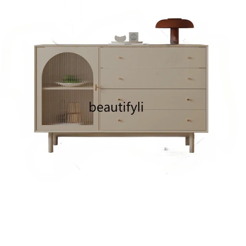 

Wood Foot Sideboard Cabinet Simple Modern Hallway Storage Chest of Drawers Tea Cabinet French Cream Style