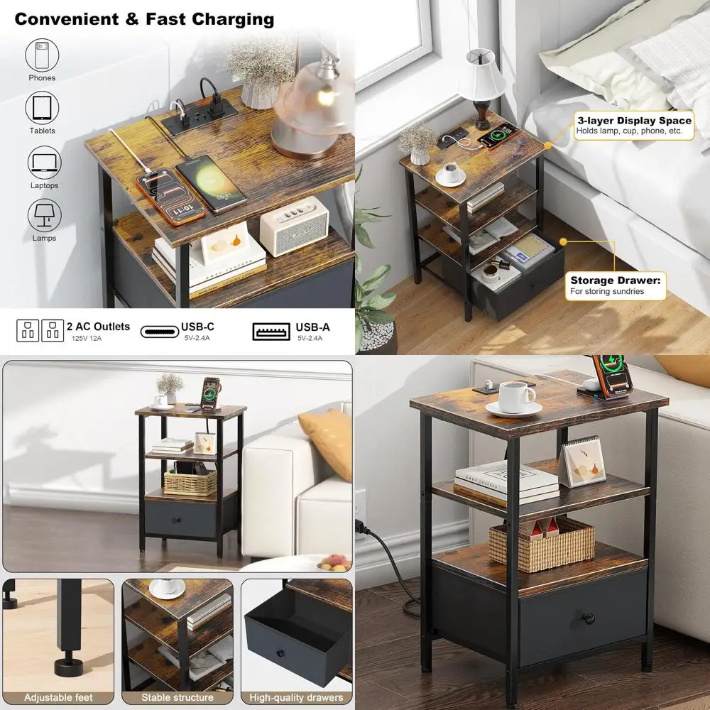 

Bedroom Nightstand with Charging Station, Adjustable Fabric Drawer, Home Decor Side Table in Brown/Black