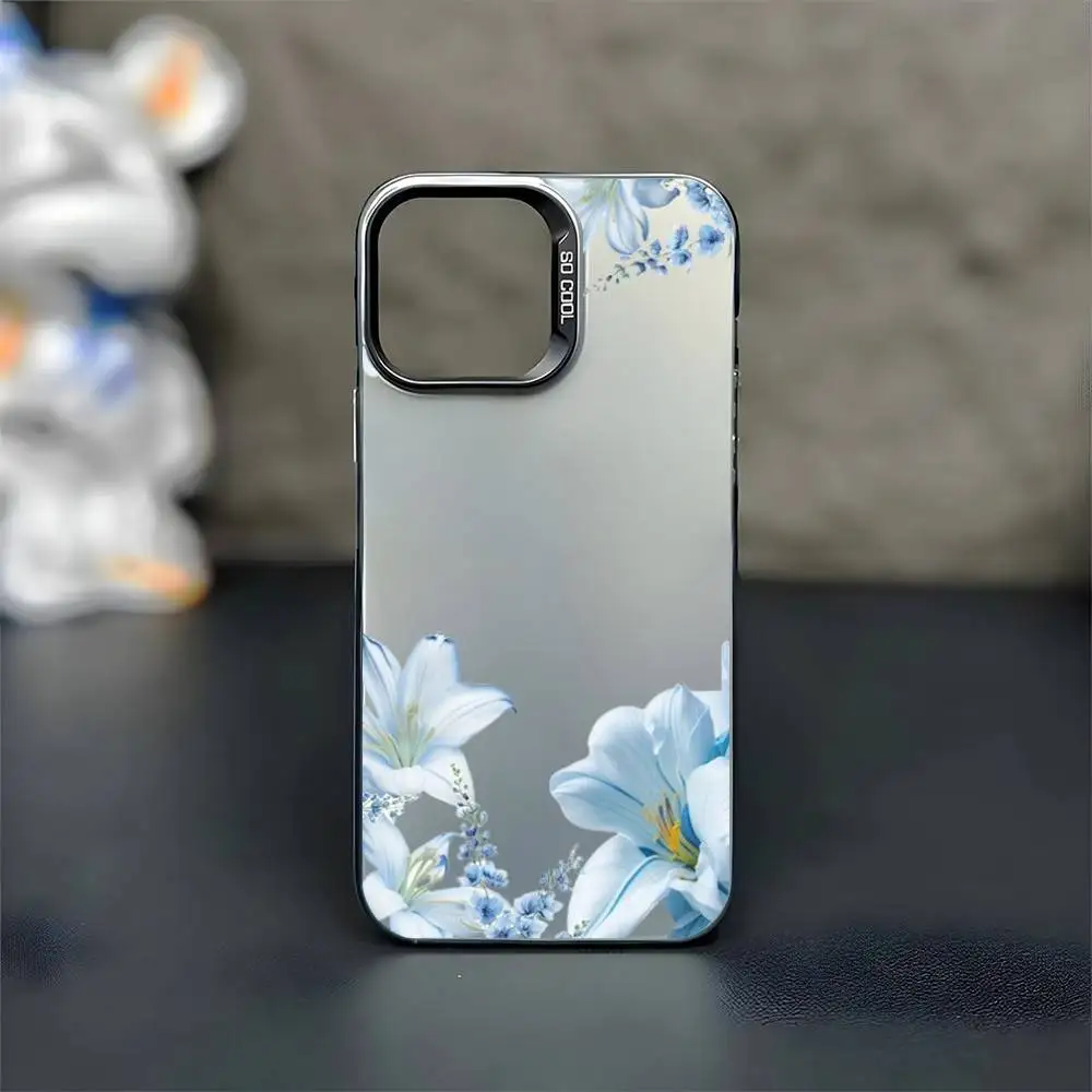 เคสโทรศัพท์ลายดอกลิลลี่สีน้ำเงินสุดหรู สำหรับ iPhone17,16,15,14,13,12,11 Plus,Pro สีเงินด้าน ป้องกันการกระแทก