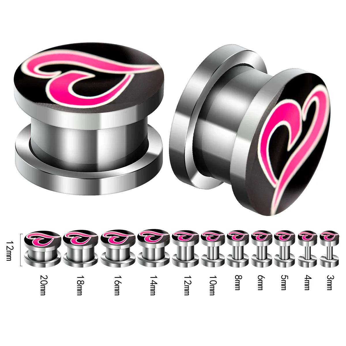 2 Pack Stainless Steel Earrings Ear Gauge Heart Expander Earrings Threaded Earplugs and Tunnel Body Piercing Jewelry