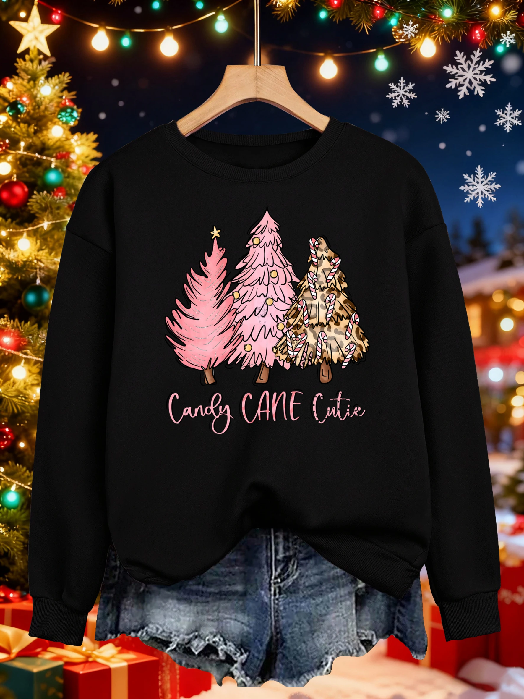 Frohe Weihnachten Rosa Baum Design Pullover Frauen Hip Hop Straße Y2K Sweatshirt FLEECE O-AUSSCHNITT Sportswear Lose Herbst Kleidung