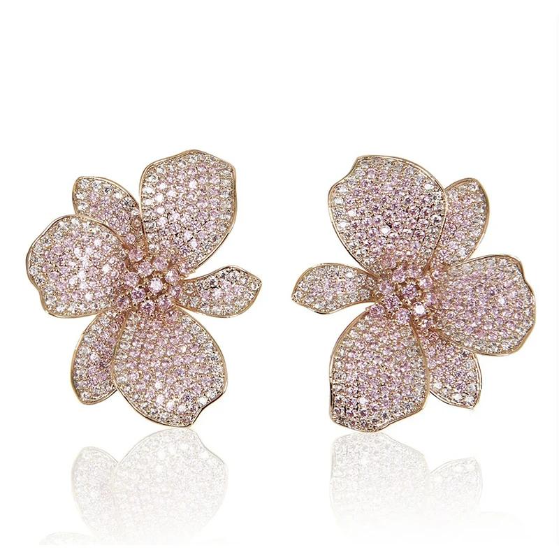 

Luxury Zircon Wild Orchid Flower Stud Earrings Pastel Pink Color Gold,Silver Plated Beautiful Women Jewelry for Brides