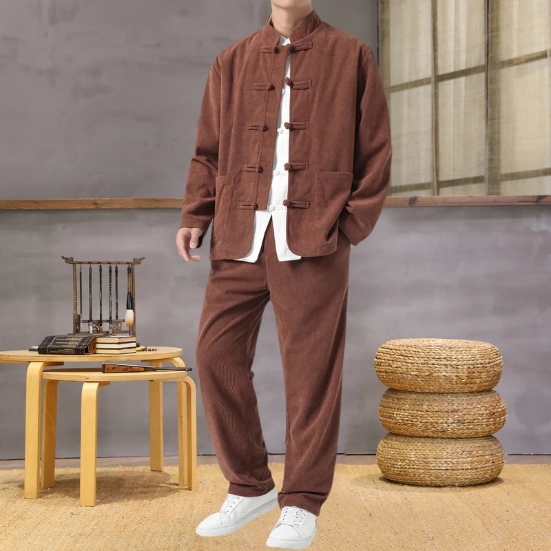 Men's Corduroy Jacket & Pants Set Mandarin Collar with Frog Buttons Traditional Chinese Style Two-Piece Outfit Autumn Winter
