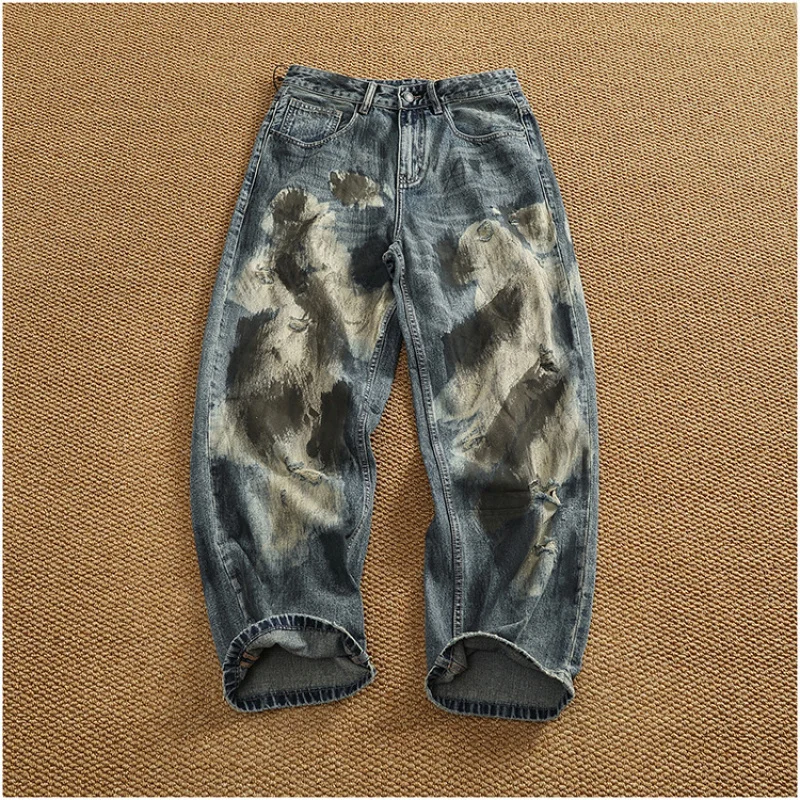 High street trendy brand loose straight leg pants for men's fashion, handmade ink splashed dyeing, heavyweight retro denim pants