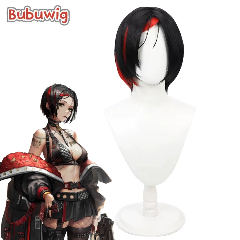 Bubuwig Synthetic Hair Crow Cosplay Wigs Goddess of Victory: Nikke Crow 30cm Short Straight Black Mixed Red Wig Heat Resistant