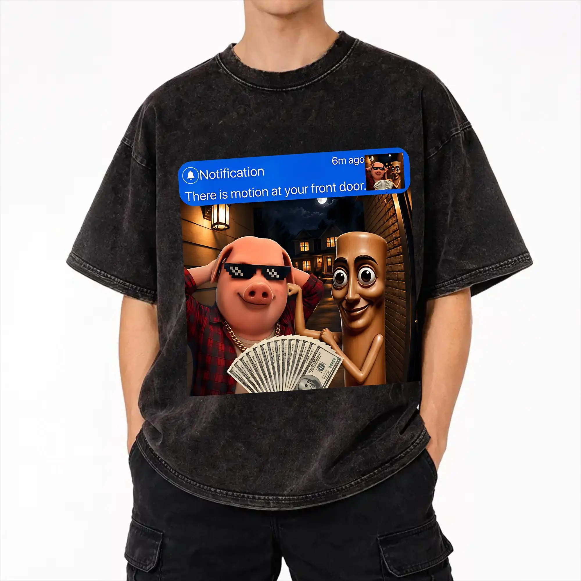 There Is Motion At Your Front Door Tung Tung Tung John Pork  T Shirts Hip Hop Washed  T-Shirt  Fashion for Men Women Streetwear