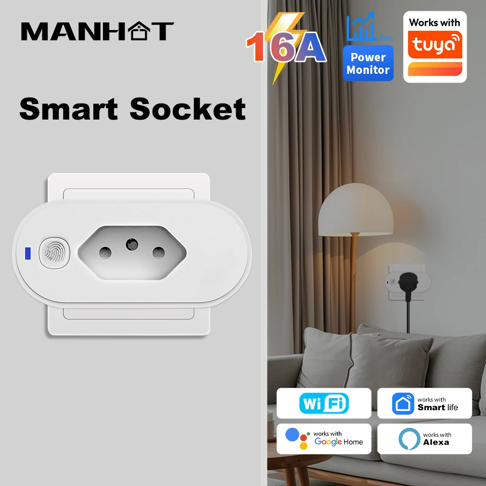 MANHOT Smart WiFi Brazil Smart Plug 16A Smart Socket APP Remote Control Power Monitor Outlet Smart Life Alexa Google Assistant