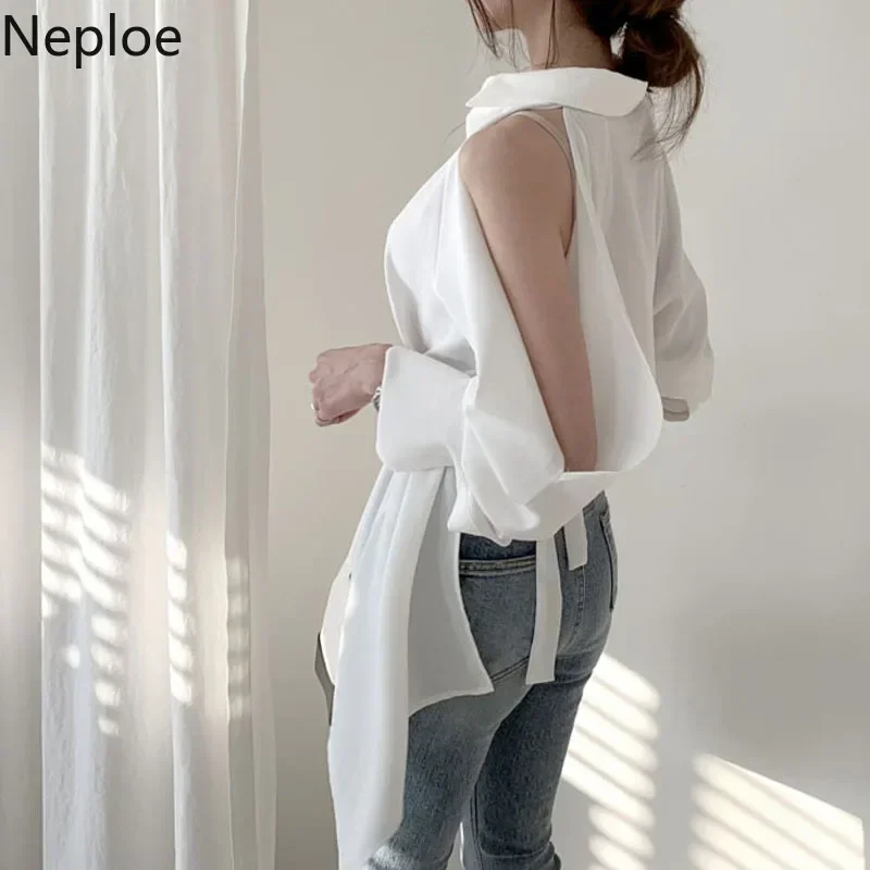 Neploe Women Blouse New Lady Hollow Out Turn Down Collar Fashion Shirts Blusa Off Shoulder Spring Summer 2024 Solid Tops 1A822