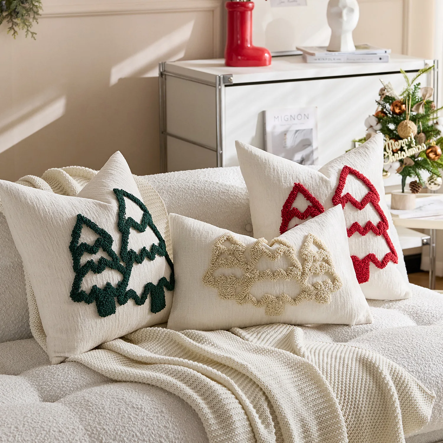 Christmas 3D Looped Pile Tufted Cushion Cover Christmas Tree Snowflake Pillowcase Chenille Luxury Throw Pillowcase Holiday Decor