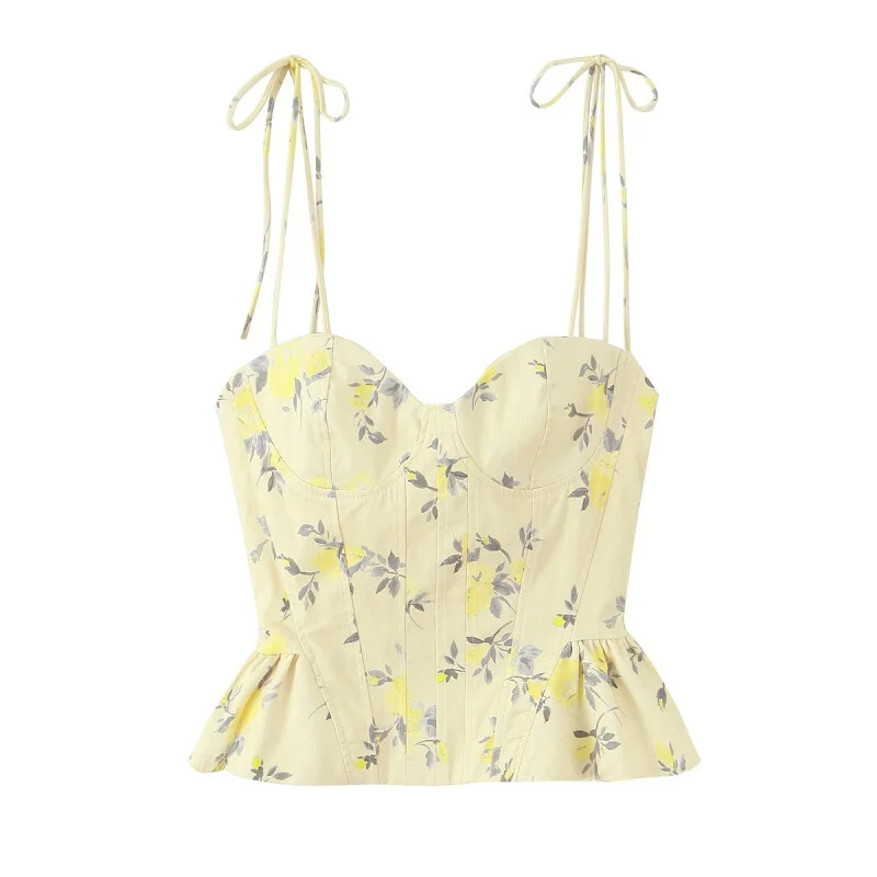 2026 New Summer Yellow Floral Top Women Tie-up Spaghetti Straps Ruffle Hem Slim Fit Camisole Fashion Casual Daily Wear