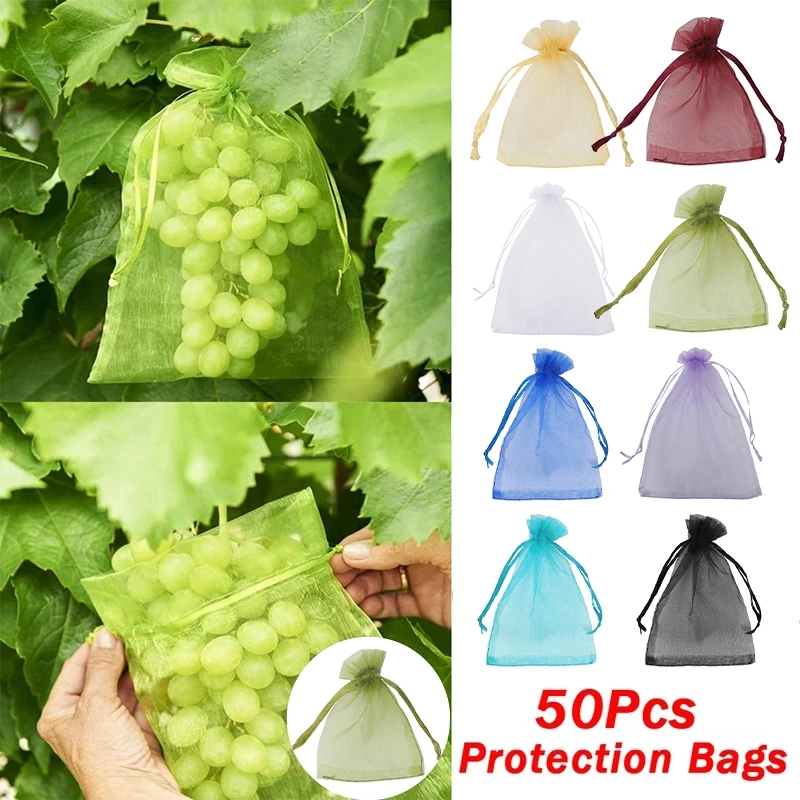 

50PCS Fruit Protection Bags Anti-Bird Mesh Grow Bags Orchard Strawberry Grapes Drawstring Net Garden Against Insect Pest Control