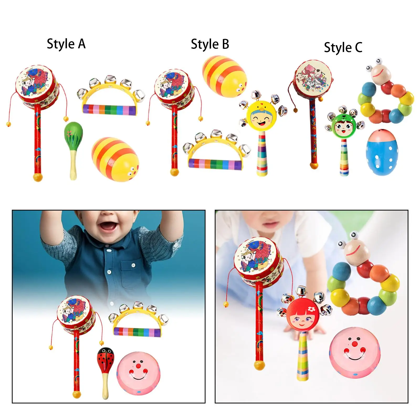 4x Wooden Percussion Musical Instrument Playset Development Toy Hand Eye Coordination Montessori Musical Toys for Baby Party