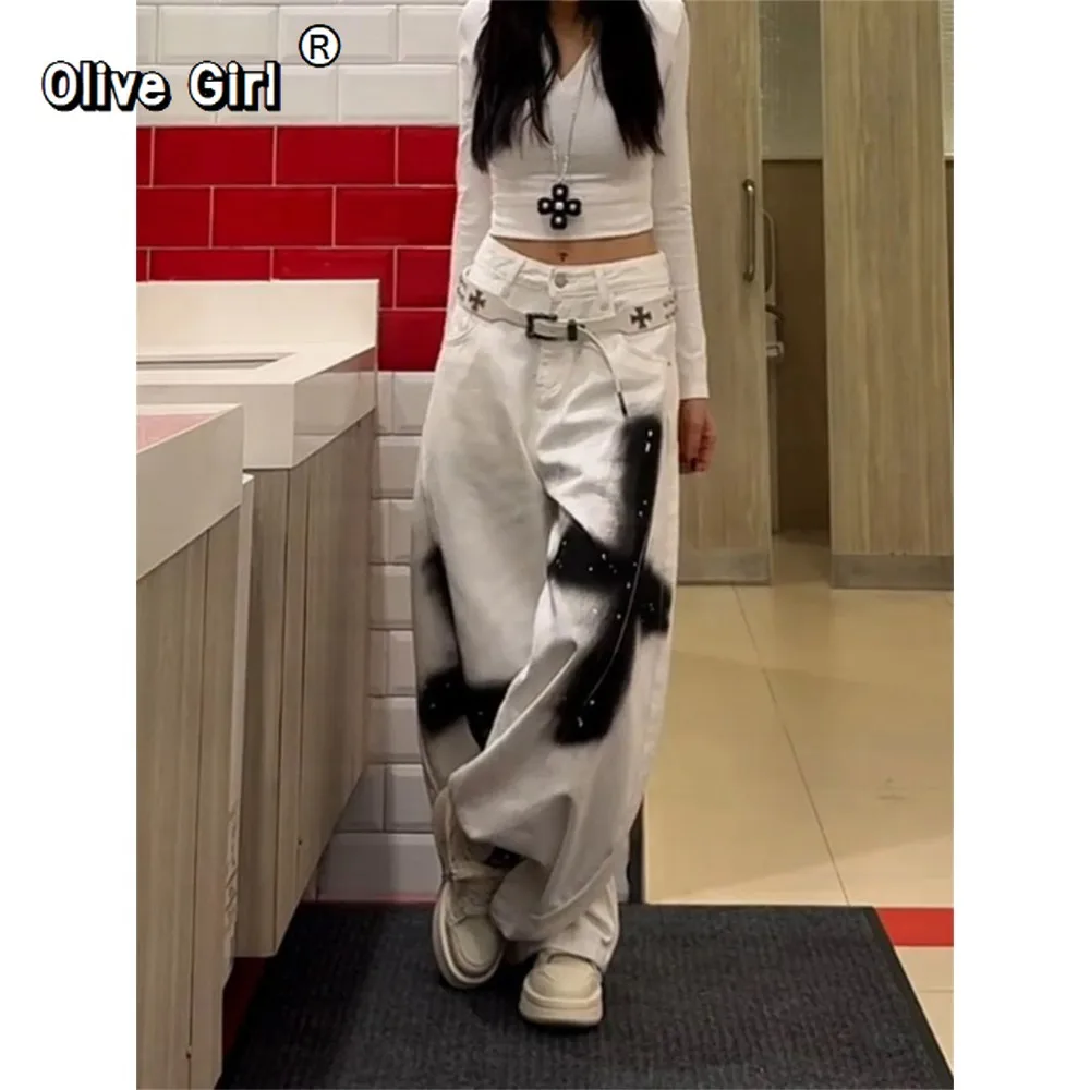Y2K جينز نسائي عالي الخصر سوبر واسع الساق السراويل الفضفاضة أبيض أسود الصليب الكتابة على الجدران رصع القوطية الشارع الشهير سراويل جينز #6