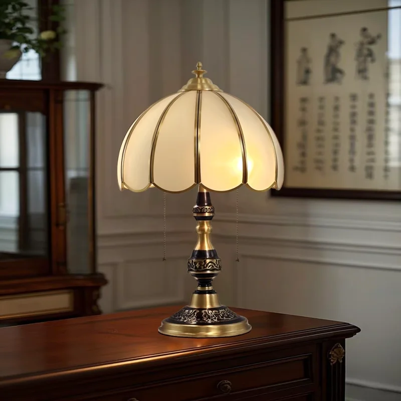 الإيطالية الرجعية جميع النحاس سحب الحبل التبديل مصابيح طاولة الزجاج الأبيض عاكس الضوء غرفة المعيشة غرفة نوم دراسة مطعم LED مكتب أضواء #2